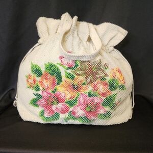 Floral Beaded Satchel Colorful Drawstring Handles Bohemian‎ Hippie Bloomcore